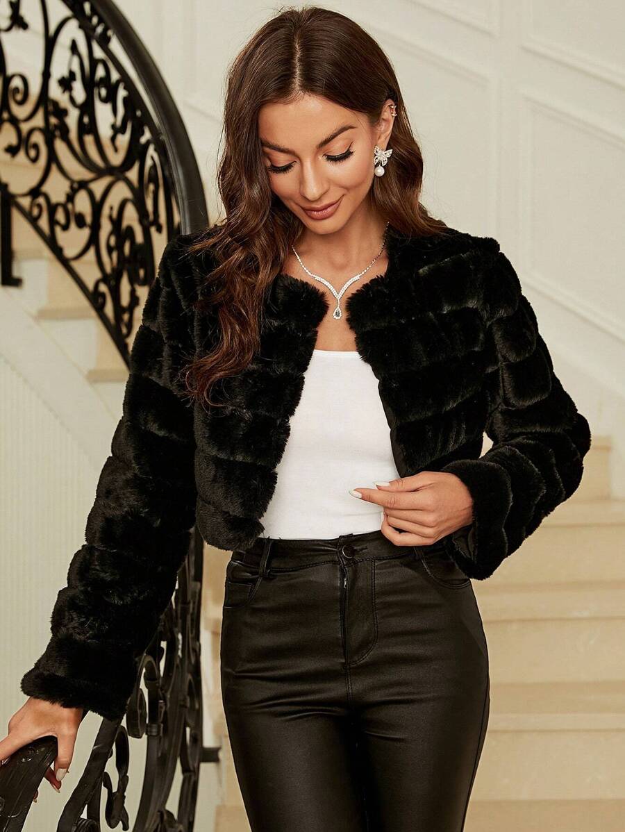 SHEIN Clasi Casaco feminino de cor sólida, manga comprida, frente aberta, curto e fofo, inverno