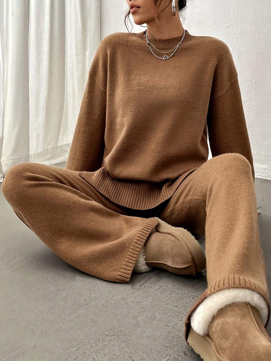 Flirla 2pcs Women Colorblock Rib-Trim Round Neck Long Sleeve Sweater And Pants Set Fall Winter Cloth For Women