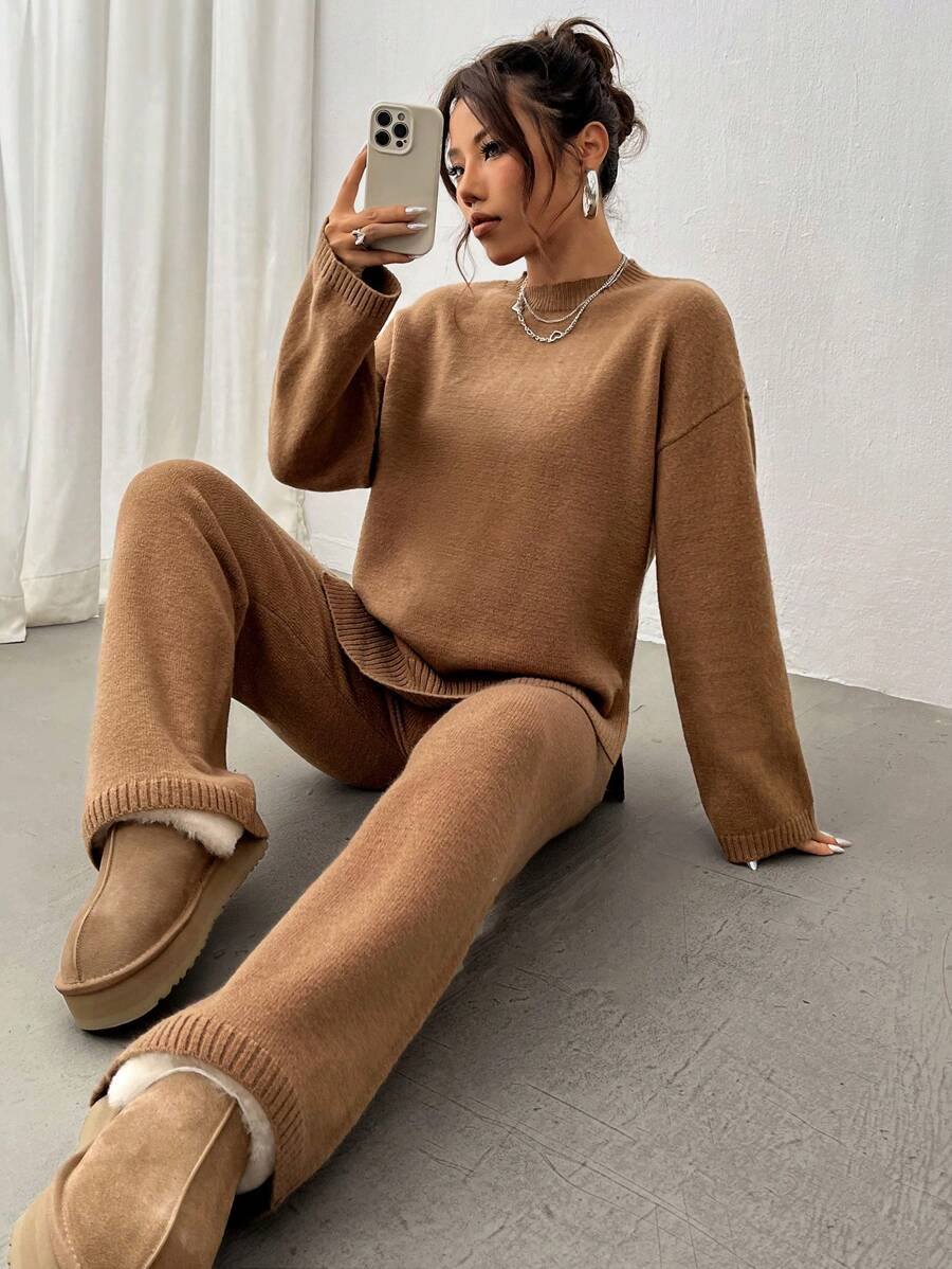 Flirla 2pcs Women Colorblock Rib-Trim Round Neck Long Sleeve Sweater And Pants Set Fall Winter Cloth For Women