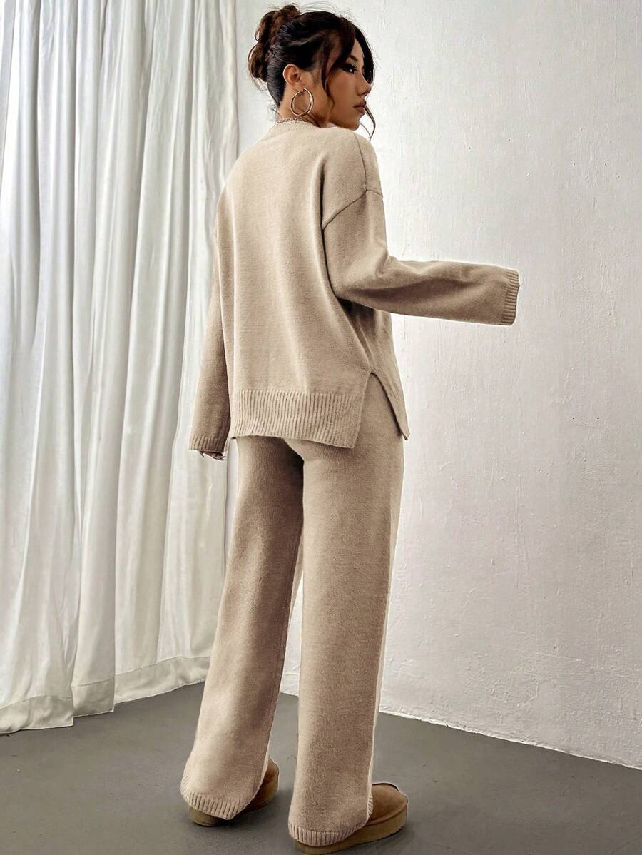 Flirla 2pcs Women Colorblock Rib-Trim Round Neck Long Sleeve Sweater And Pants Set Fall Winter Cloth For Women