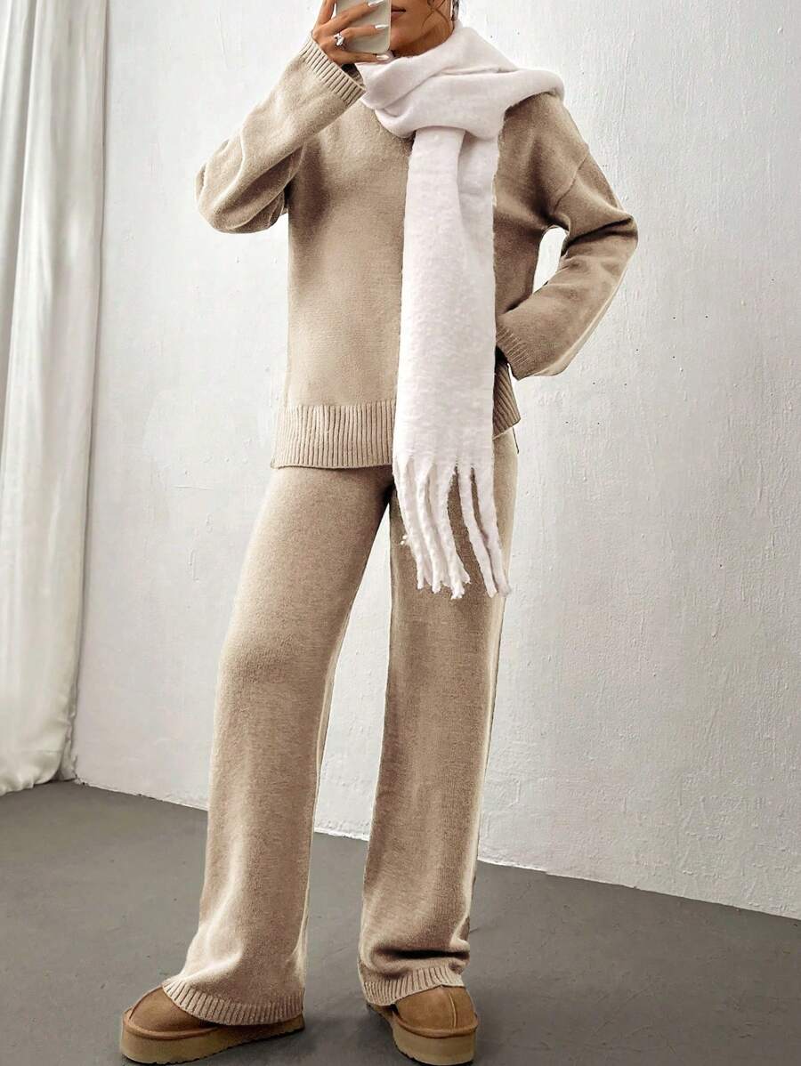 Flirla 2pcs Women Colorblock Rib-Trim Round Neck Long Sleeve Sweater And Pants Set Fall Winter Cloth For Women