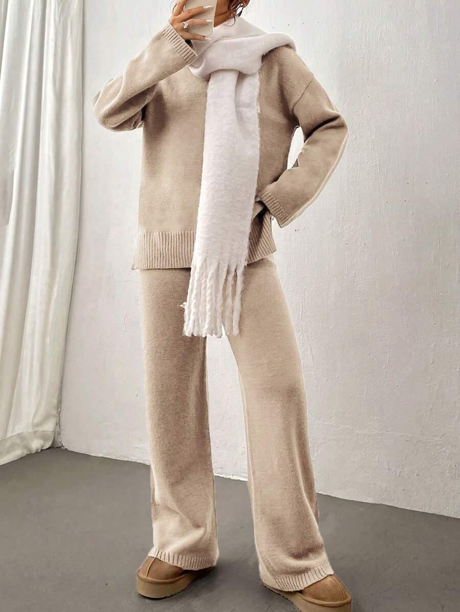 Flirla 2pcs Women Colorblock Rib-Trim Round Neck Long Sleeve Sweater And Pants Set Fall Winter Cloth For Women