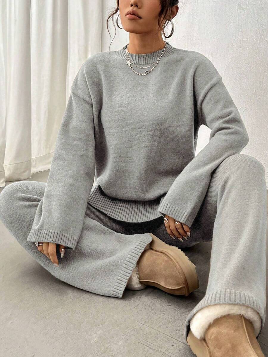 Flirla 2pcs Women Colorblock Rib-Trim Round Neck Long Sleeve Sweater And Pants Set Fall Winter Cloth For Women