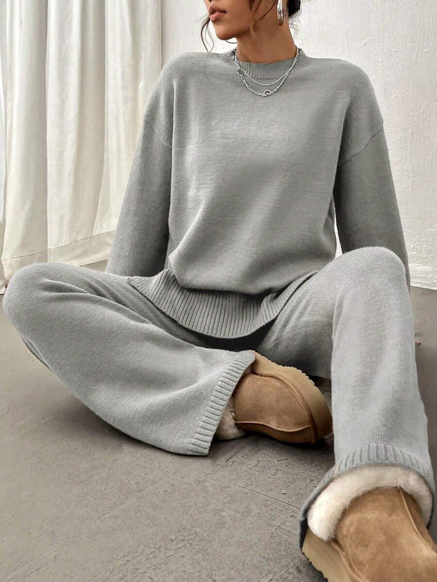 Flirla 2pcs Women Colorblock Rib-Trim Round Neck Long Sleeve Sweater And Pants Set Fall Winter Cloth For Women
