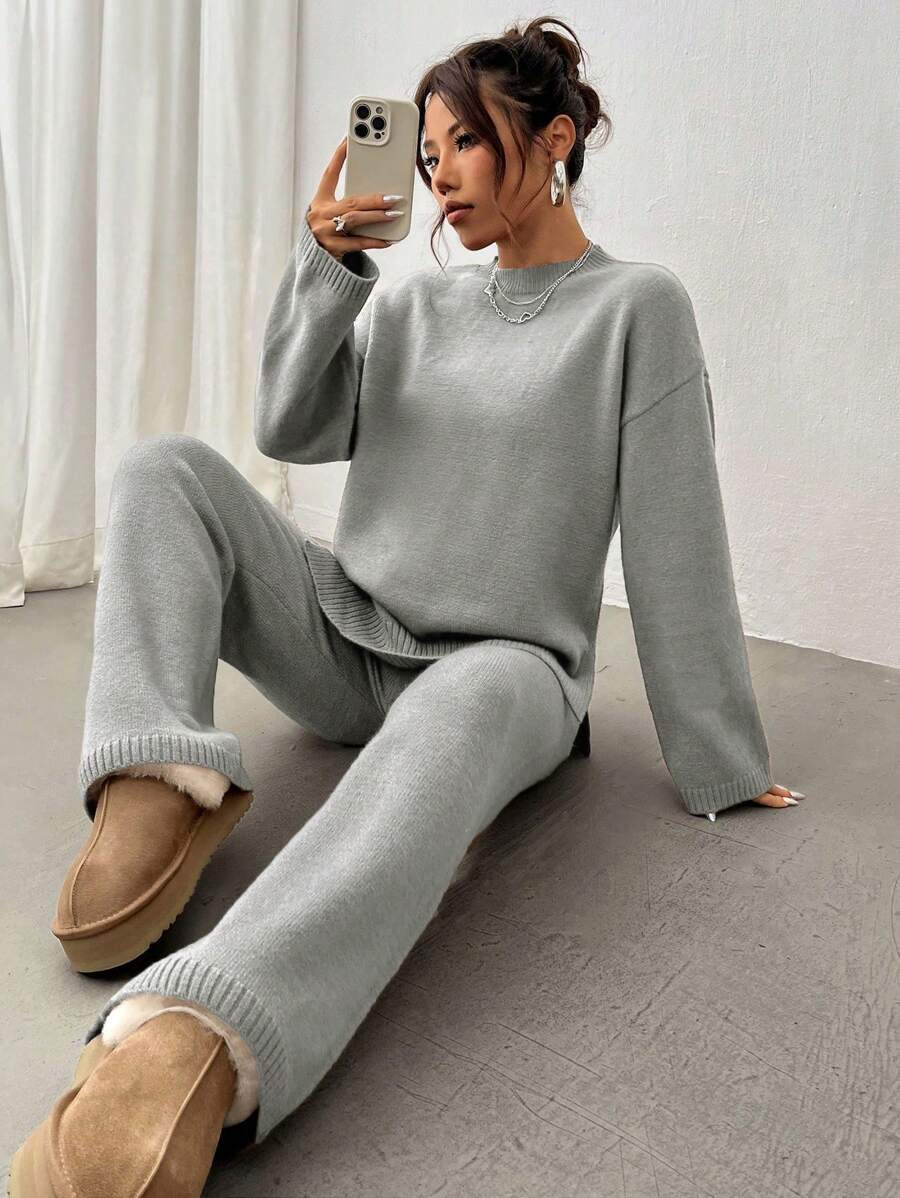 Flirla 2pcs Women Colorblock Rib-Trim Round Neck Long Sleeve Sweater And Pants Set Fall Winter Cloth For Women