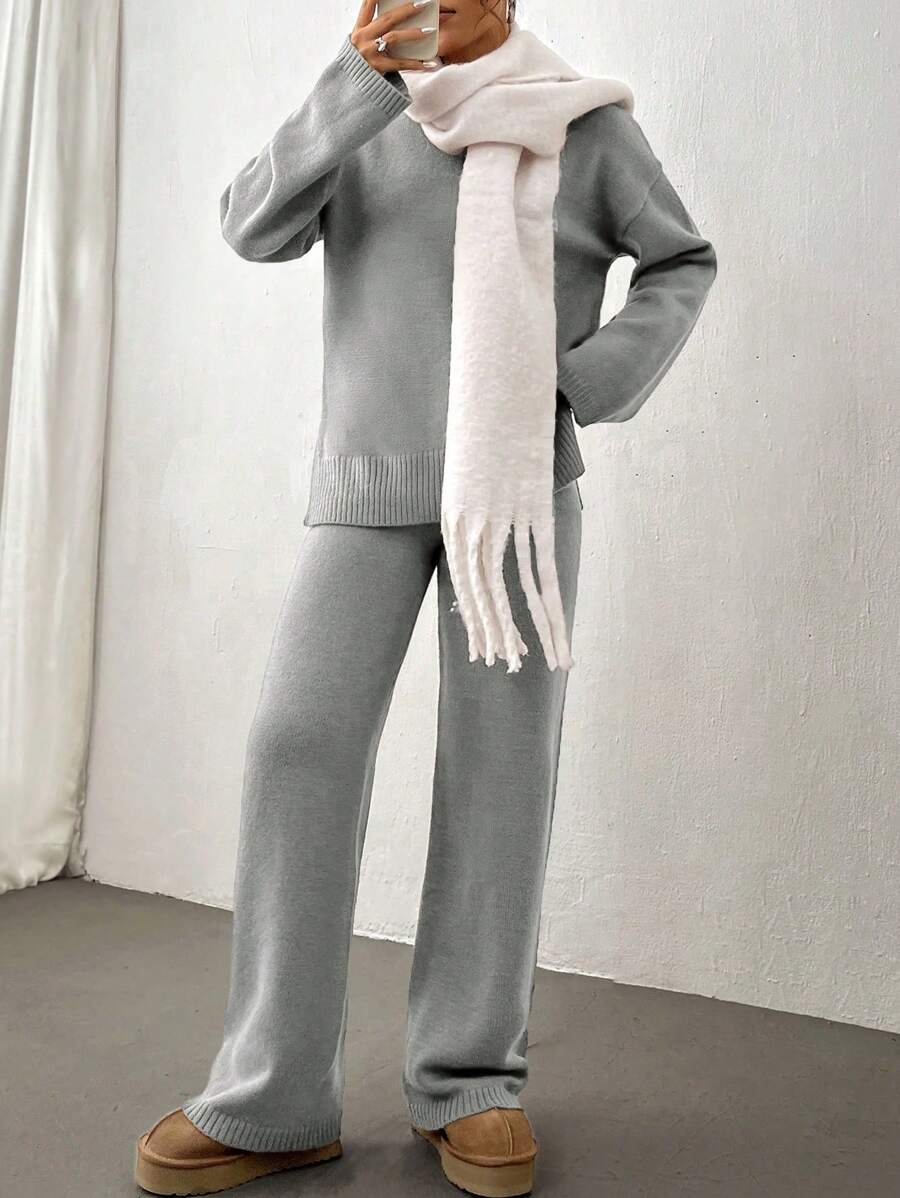 Flirla 2pcs Women Colorblock Rib-Trim Round Neck Long Sleeve Sweater And Pants Set Fall Winter Cloth For Women
