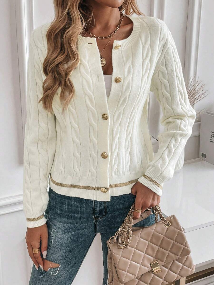 EMERY ROSE Cardigan feminino casual com acabamento contrastante e botões na frente, outono/inverno