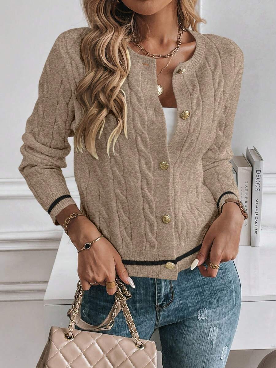 EMERY ROSE Cardigan feminino casual com acabamento contrastante e botões na frente, outono/inverno