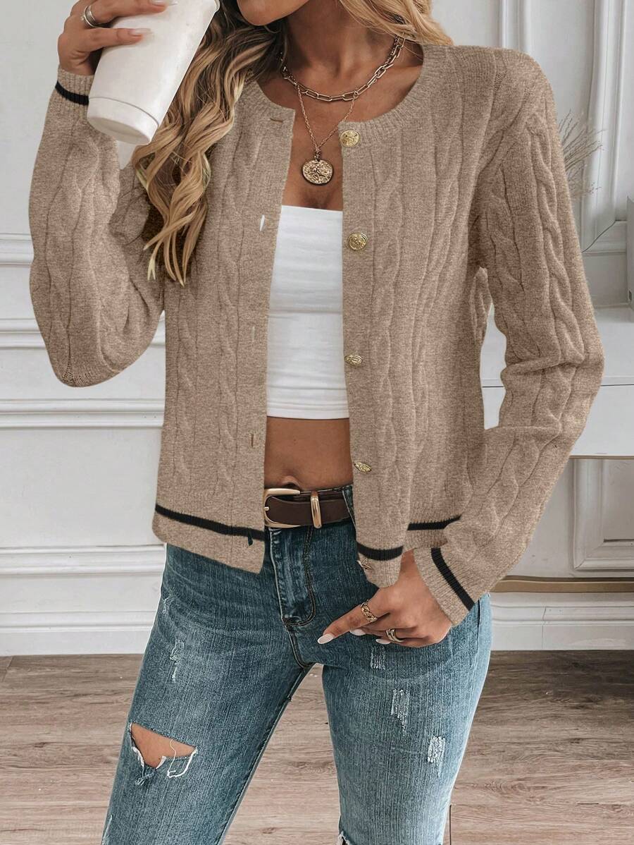 EMERY ROSE Cardigan feminino casual com acabamento contrastante e botões na frente, outono/inverno