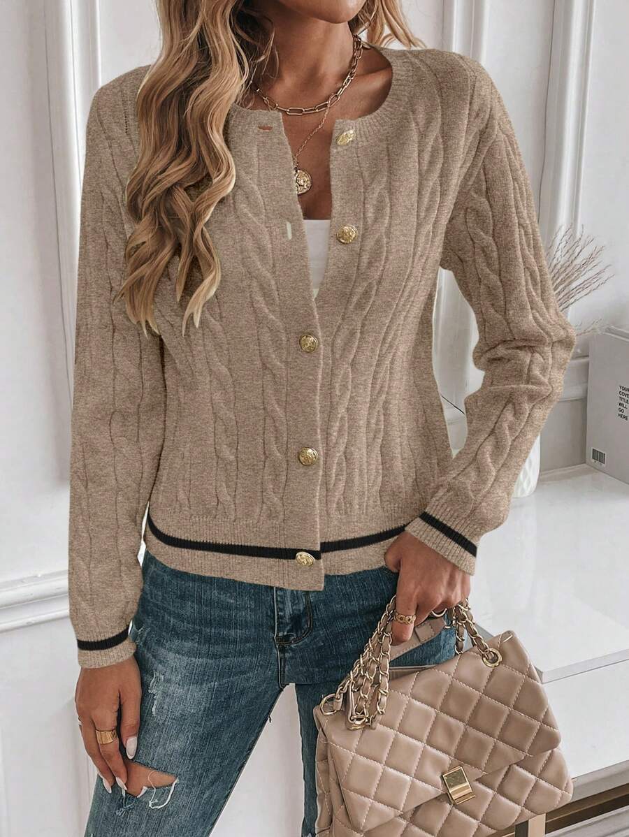 EMERY ROSE Cardigan feminino casual com acabamento contrastante e botões na frente, outono/inverno