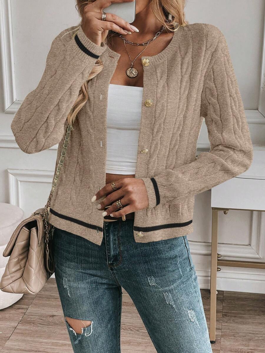 EMERY ROSE Cardigan feminino casual com acabamento contrastante e botões na frente, outono/inverno