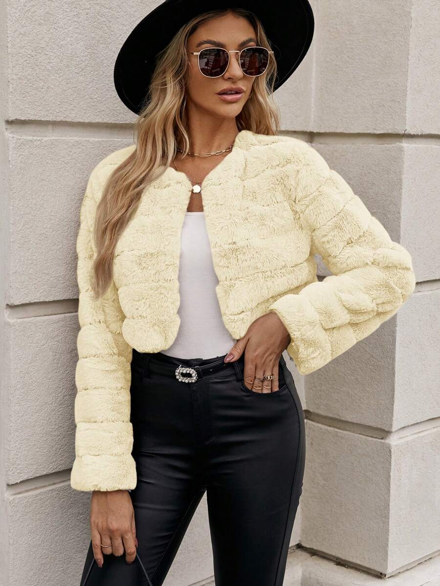 SHEIN Clasi Casaco feminino de cor sólida, manga comprida, frente aberta, curto e fofo, inverno