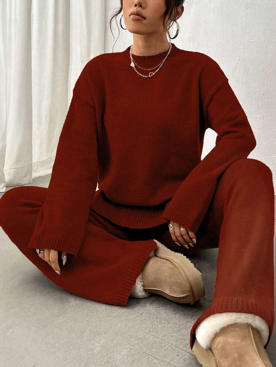 Flirla 2pcs Women Colorblock Rib-Trim Round Neck Long Sleeve Sweater And Pants Set Fall Winter Cloth For Women