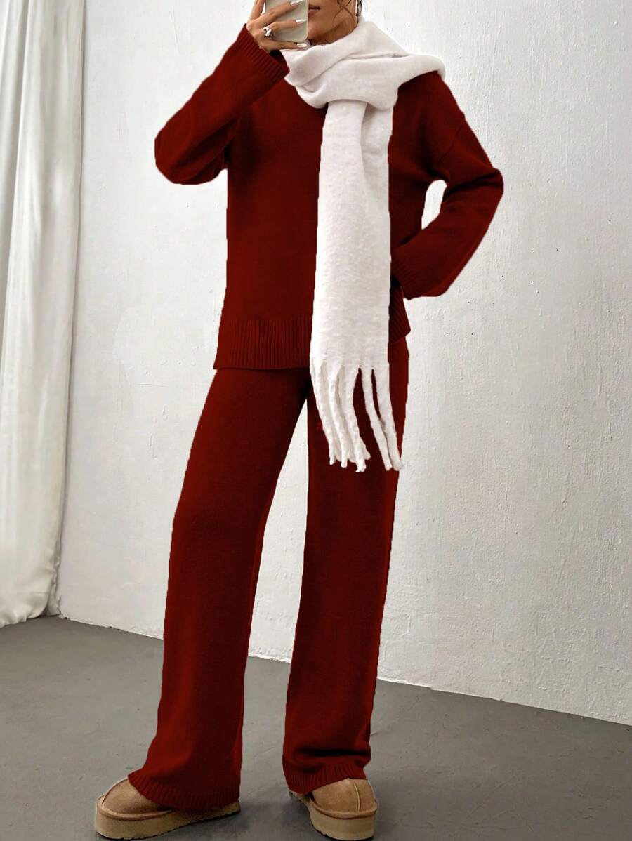 Flirla 2pcs Women Colorblock Rib-Trim Round Neck Long Sleeve Sweater And Pants Set Fall Winter Cloth For Women