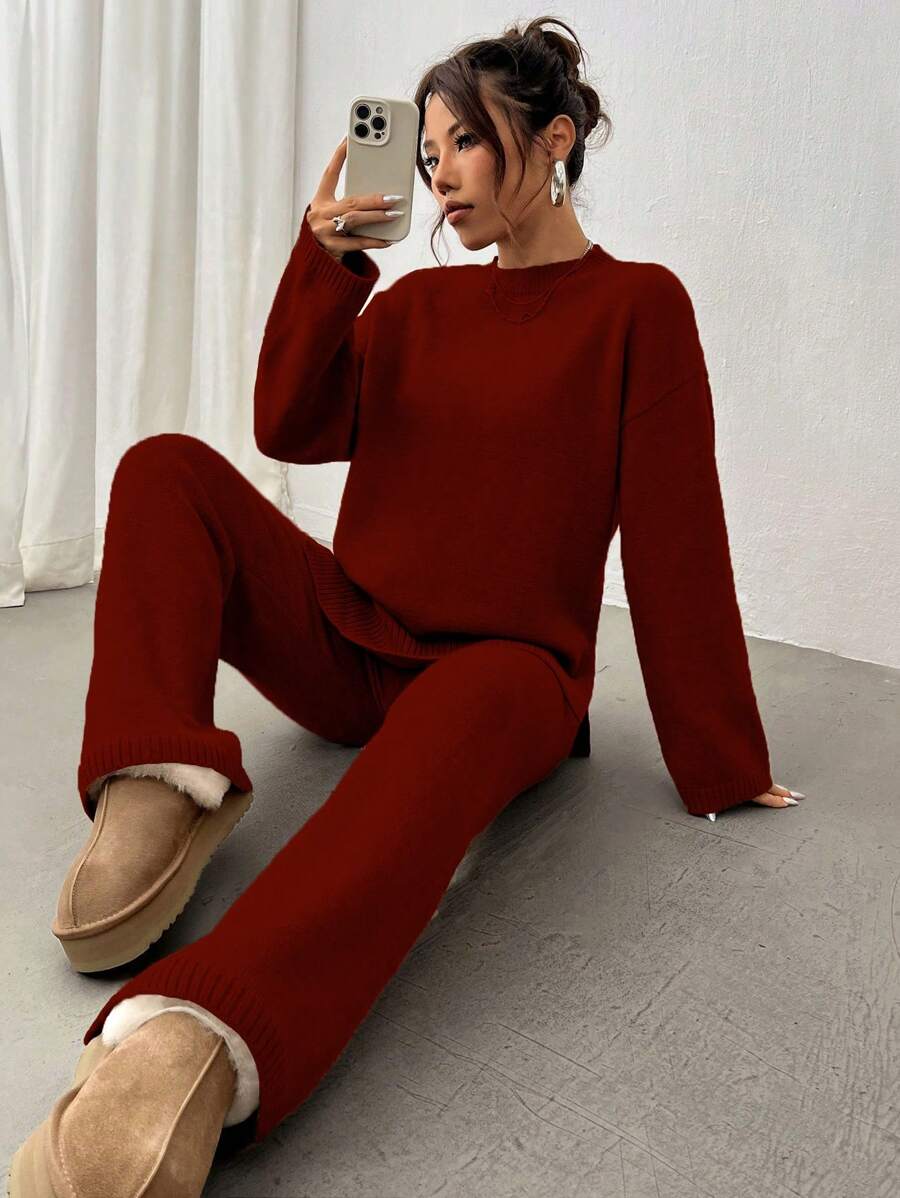 Flirla 2pcs Women Colorblock Rib-Trim Round Neck Long Sleeve Sweater And Pants Set Fall Winter Cloth For Women