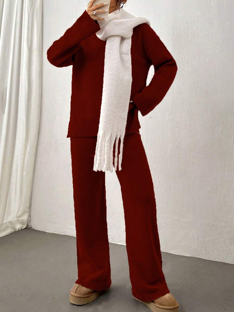 Flirla 2pcs Women Colorblock Rib-Trim Round Neck Long Sleeve Sweater And Pants Set Fall Winter Cloth For Women