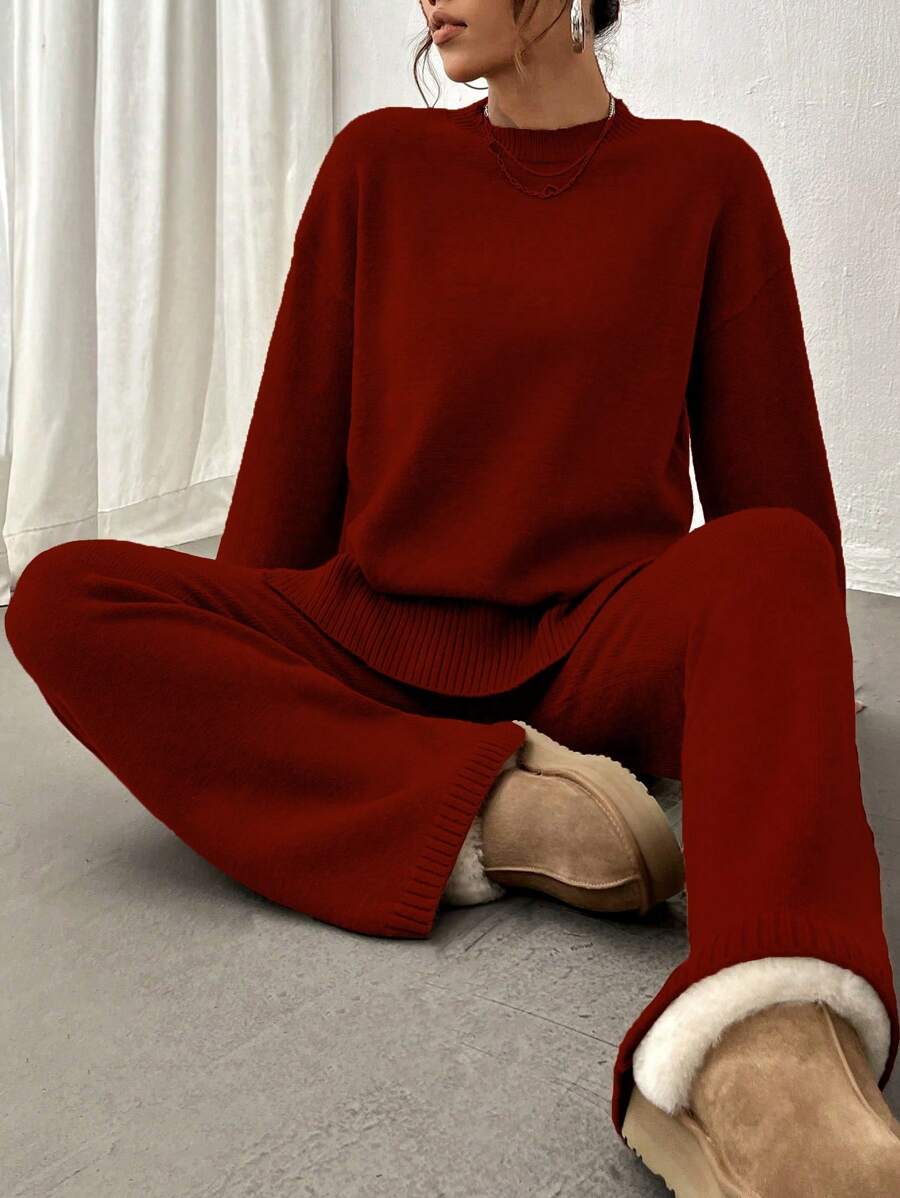Flirla 2pcs Women Colorblock Rib-Trim Round Neck Long Sleeve Sweater And Pants Set Fall Winter Cloth For Women