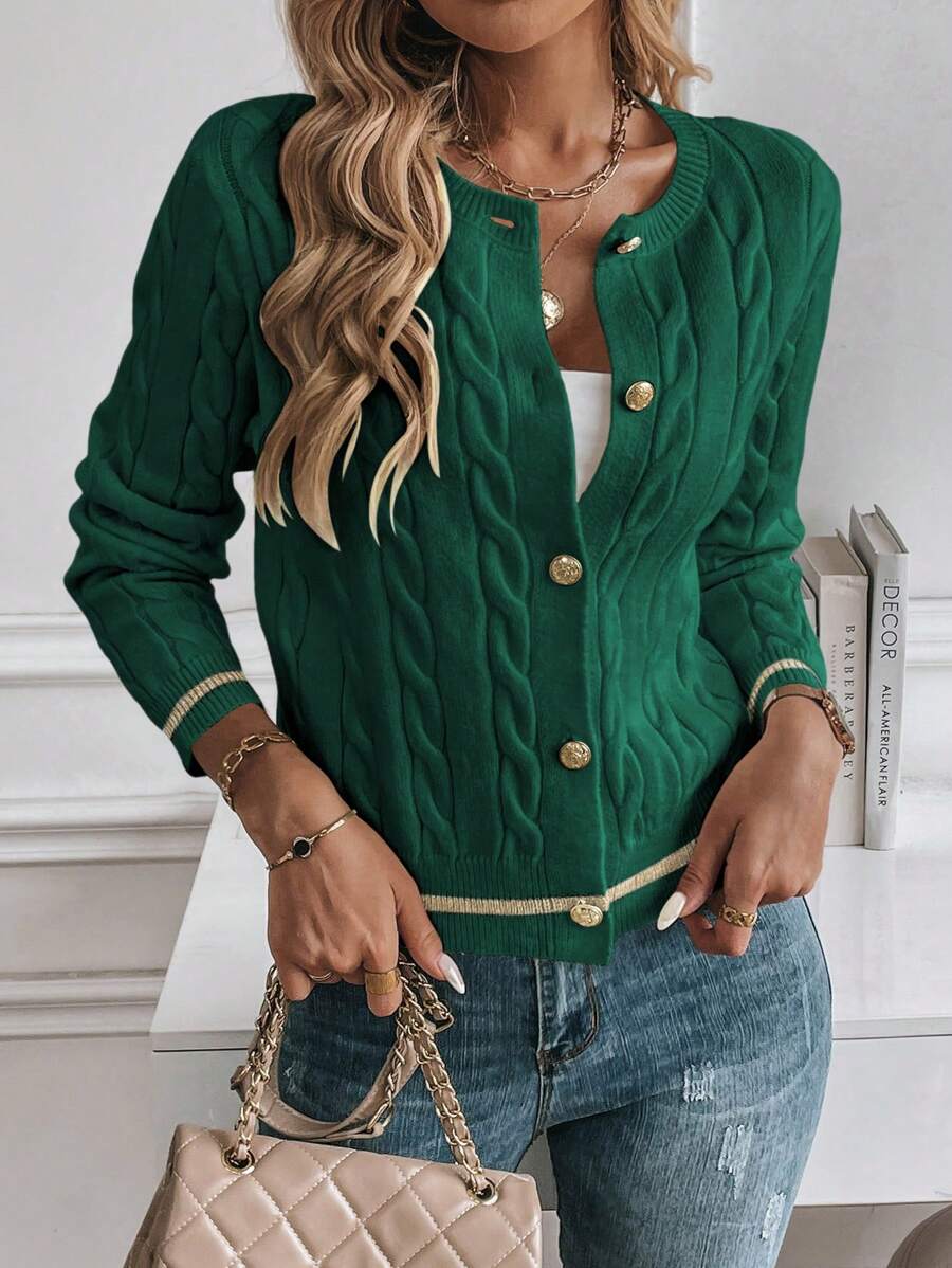 EMERY ROSE Cardigan feminino casual com acabamento contrastante e botões na frente, outono/inverno