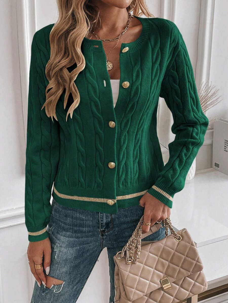 EMERY ROSE Cardigan feminino casual com acabamento contrastante e botões na frente, outono/inverno