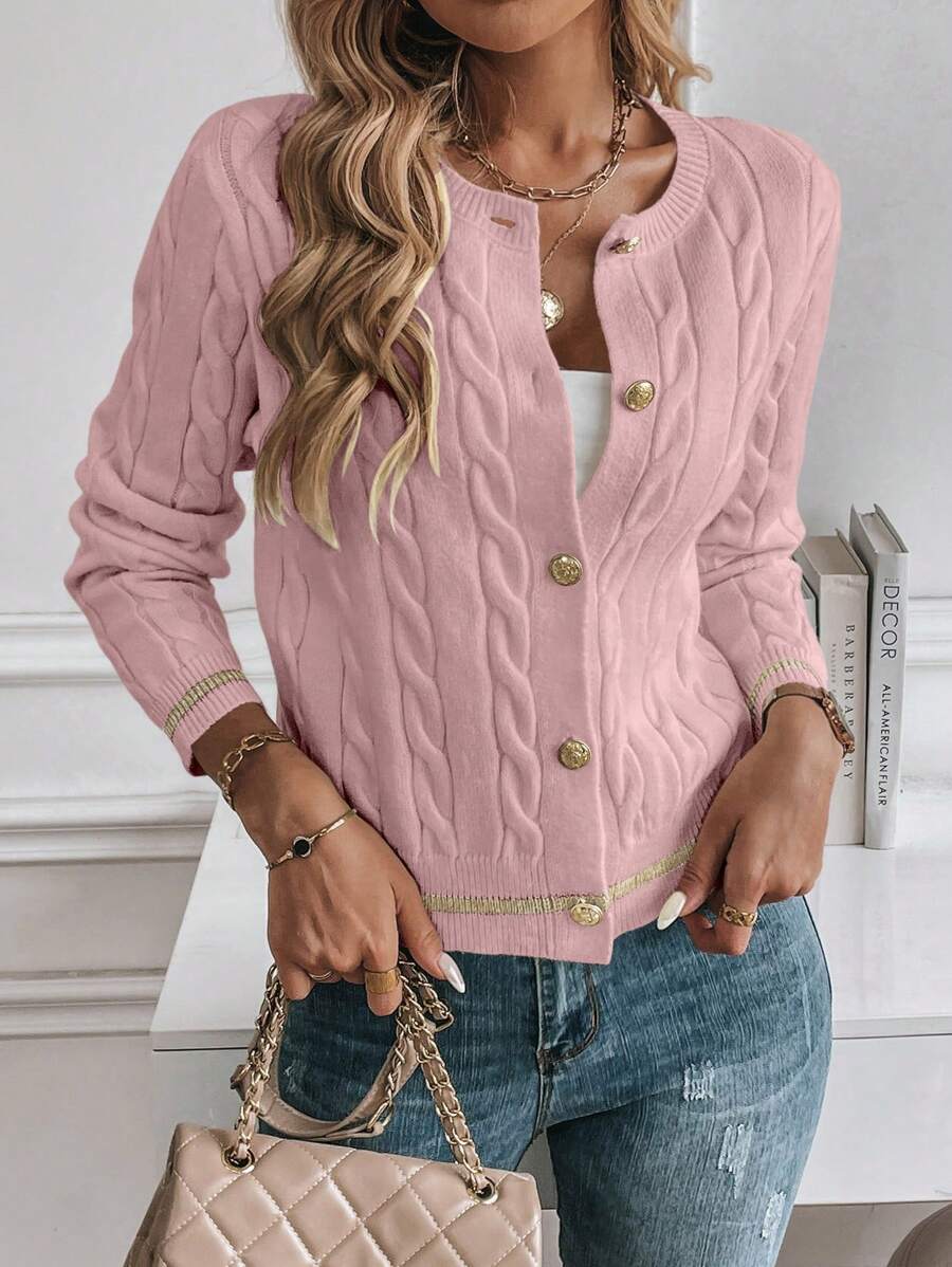 EMERY ROSE Cardigan feminino casual com acabamento contrastante e botões na frente, outono/inverno