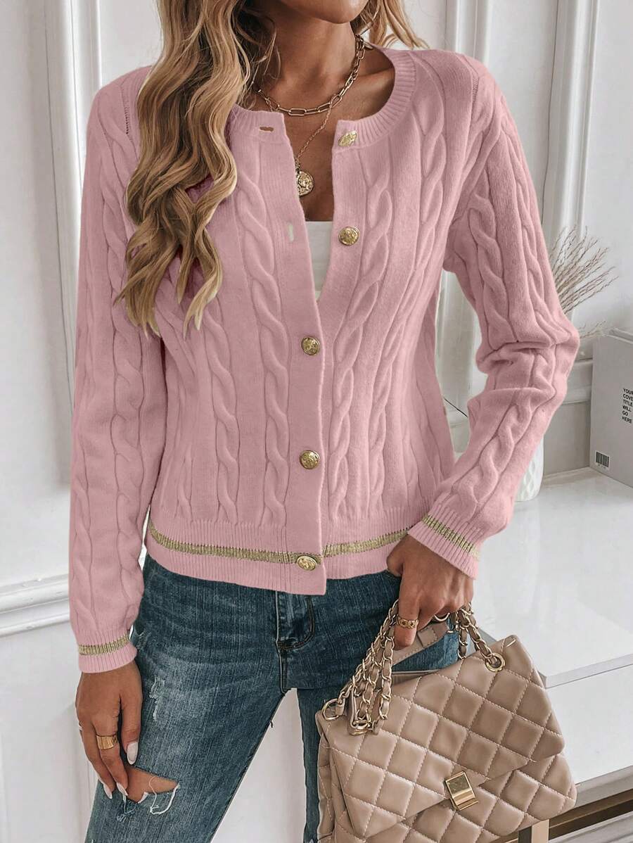 EMERY ROSE Cardigan feminino casual com acabamento contrastante e botões na frente, outono/inverno
