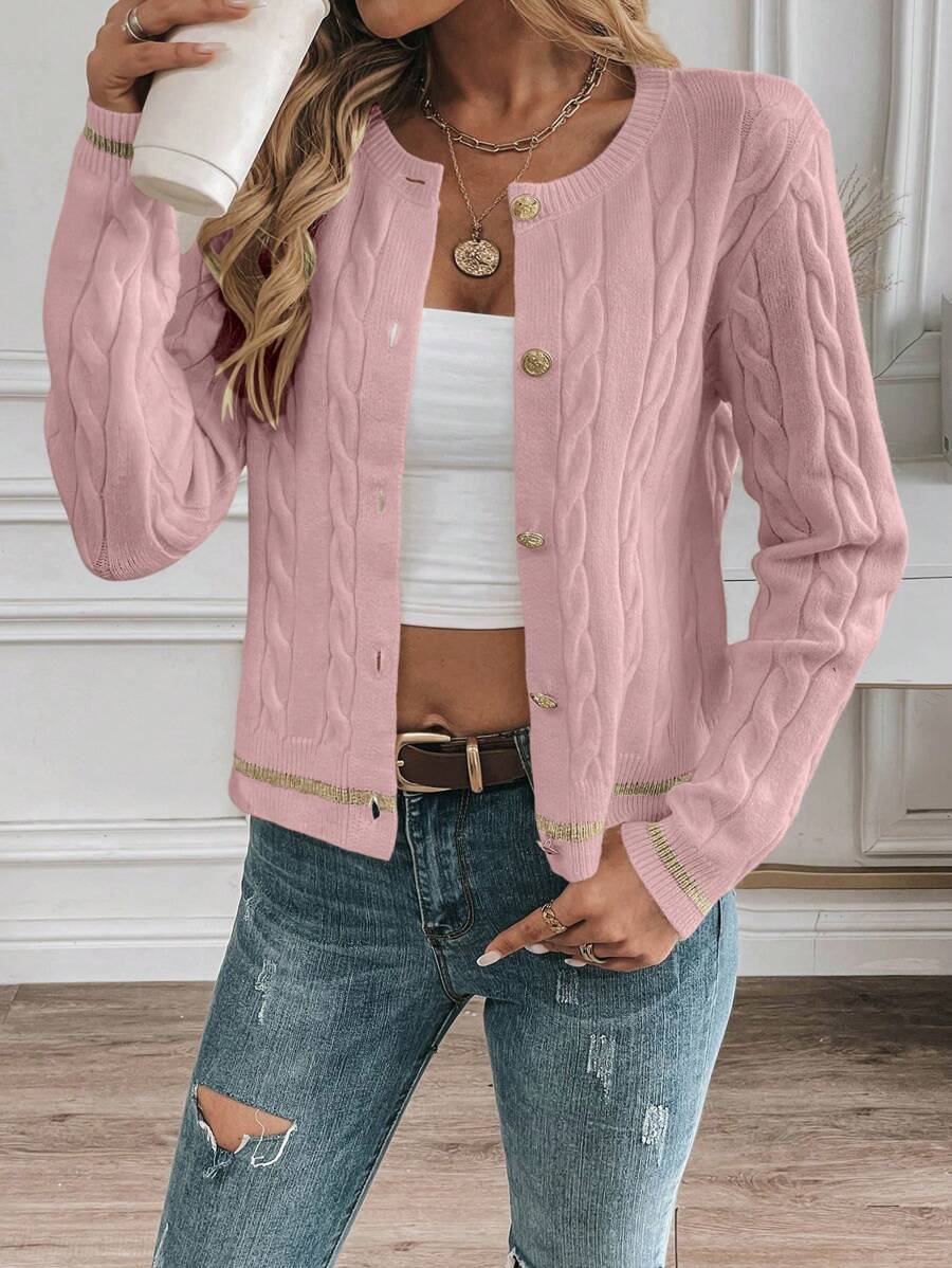 EMERY ROSE Cardigan feminino casual com acabamento contrastante e botões na frente, outono/inverno