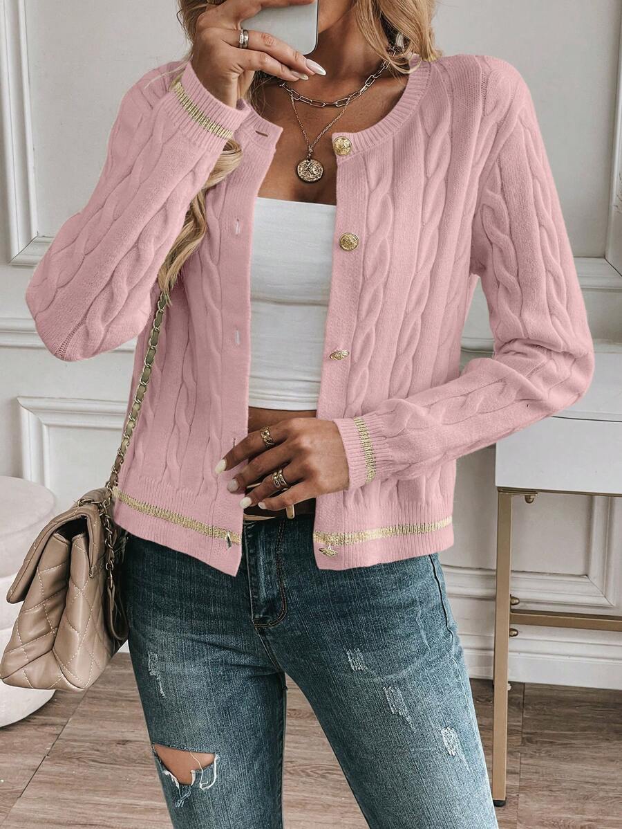 EMERY ROSE Cardigan feminino casual com acabamento contrastante e botões na frente, outono/inverno