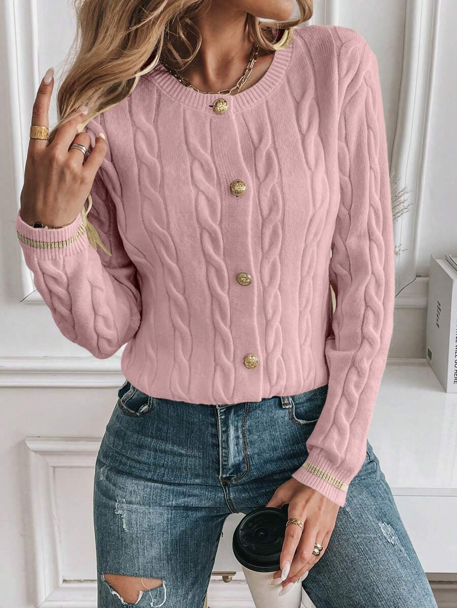 EMERY ROSE Cardigan feminino casual com acabamento contrastante e botões na frente, outono/inverno