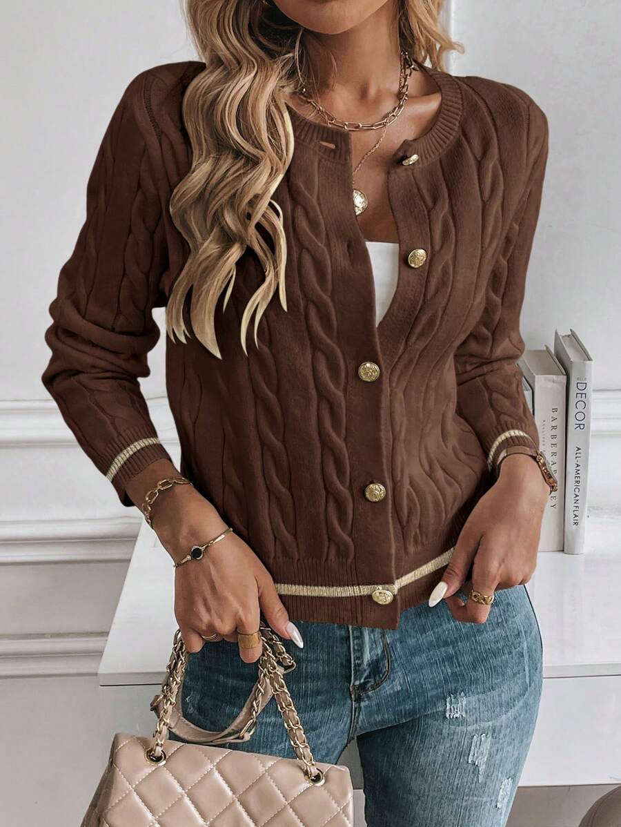 EMERY ROSE Cardigan feminino casual com acabamento contrastante e botões na frente, outono/inverno