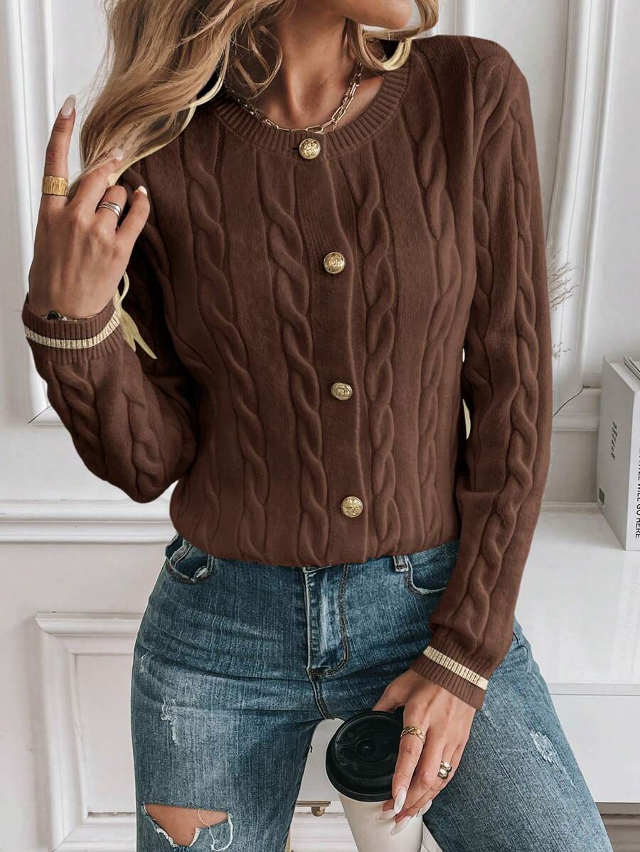 EMERY ROSE Cardigan feminino casual com acabamento contrastante e botões na frente, outono/inverno