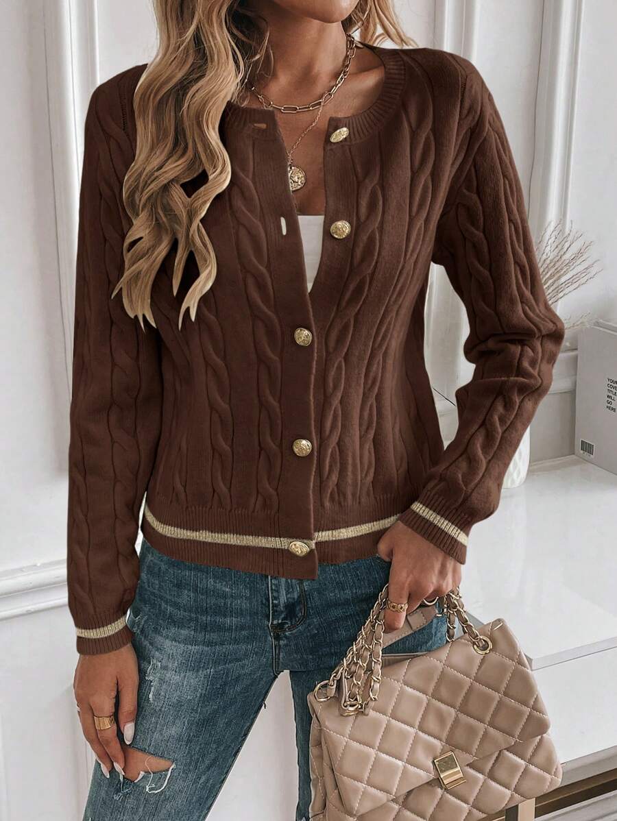EMERY ROSE Cardigan feminino casual com acabamento contrastante e botões na frente, outono/inverno