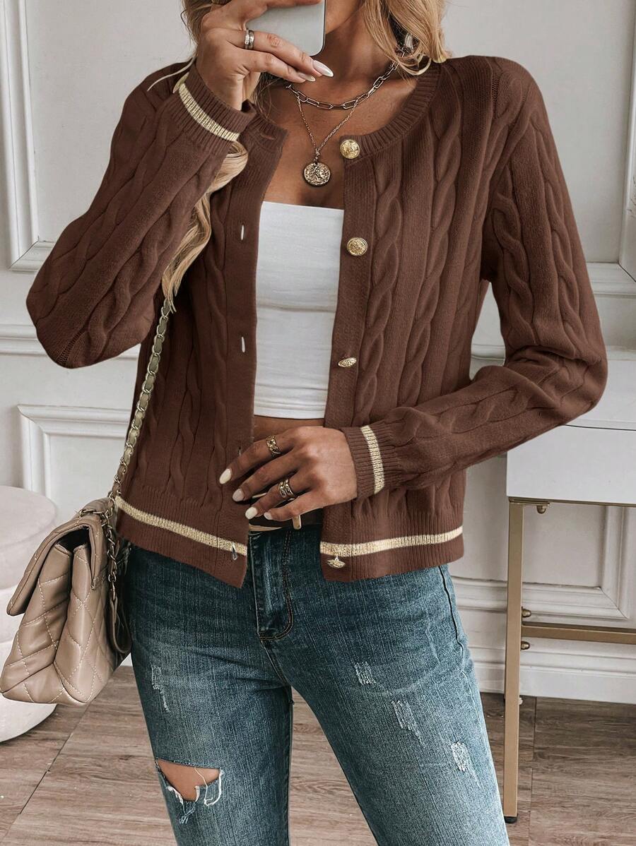 EMERY ROSE Cardigan feminino casual com acabamento contrastante e botões na frente, outono/inverno