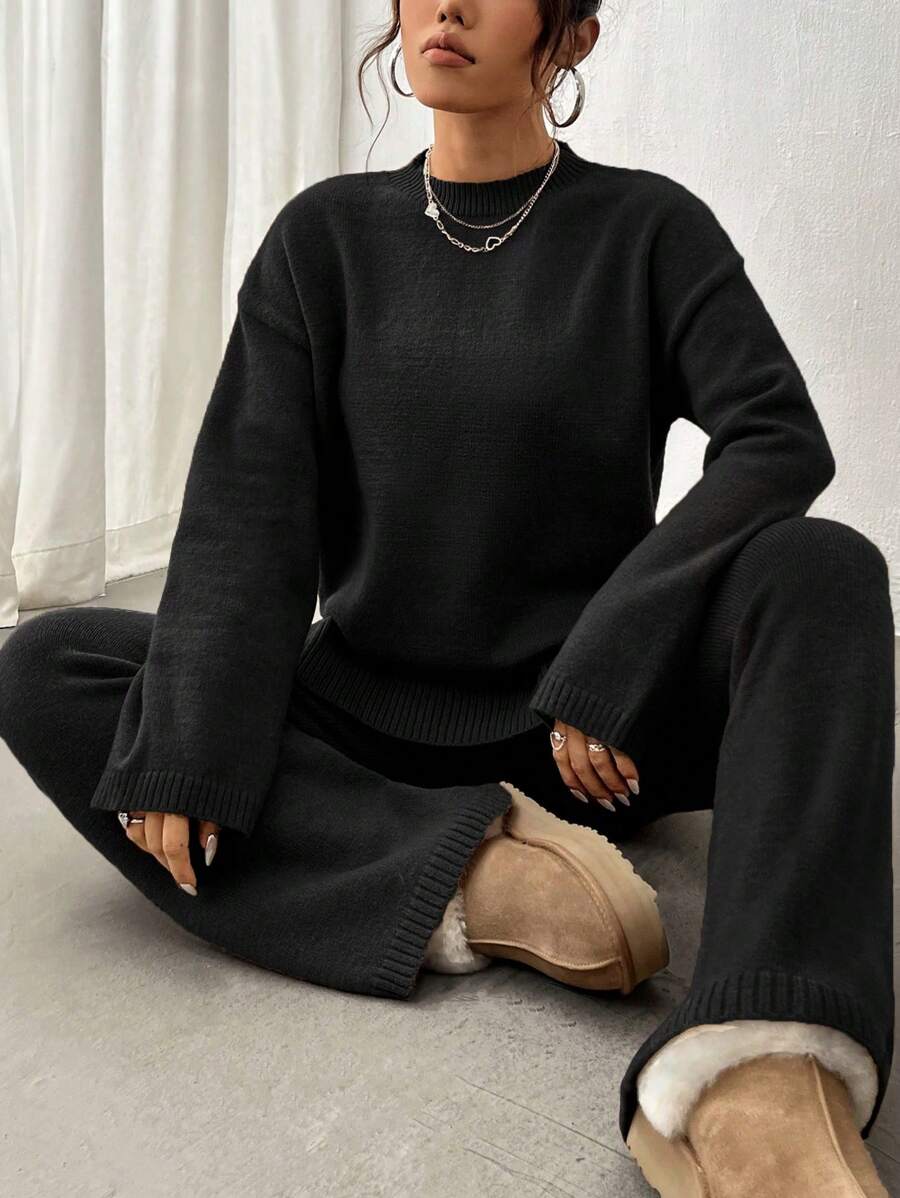 Flirla 2pcs Women Colorblock Rib-Trim Round Neck Long Sleeve Sweater And Pants Set Fall Winter Cloth For Women