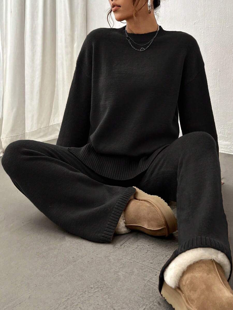 Flirla 2pcs Women Colorblock Rib-Trim Round Neck Long Sleeve Sweater And Pants Set Fall Winter Cloth For Women
