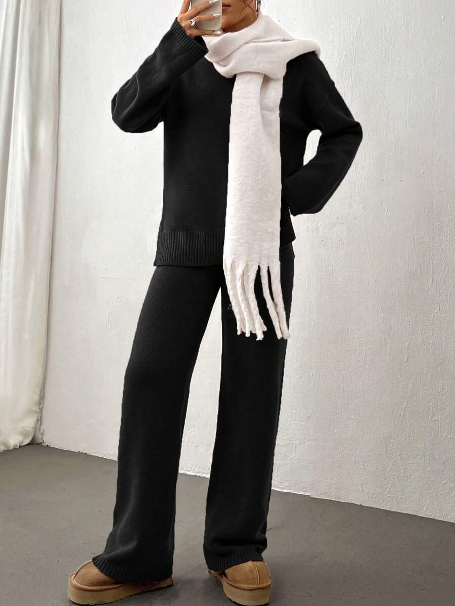 Flirla 2pcs Women Colorblock Rib-Trim Round Neck Long Sleeve Sweater And Pants Set Fall Winter Cloth For Women