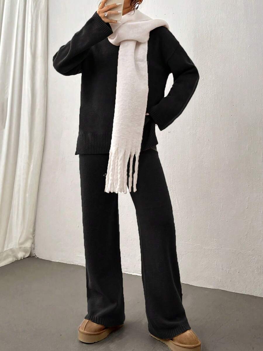 Flirla 2pcs Women Colorblock Rib-Trim Round Neck Long Sleeve Sweater And Pants Set Fall Winter Cloth For Women