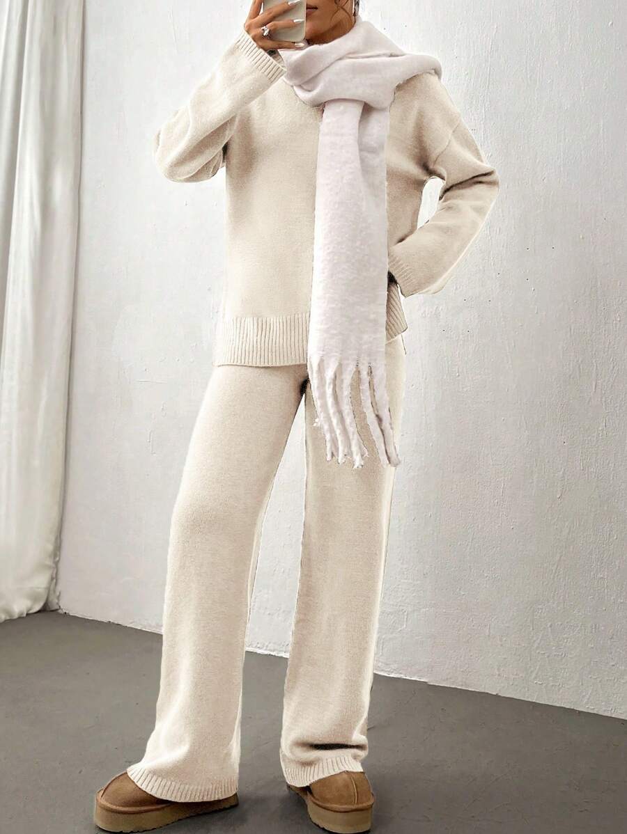 Flirla 2pcs Women Colorblock Rib-Trim Round Neck Long Sleeve Sweater And Pants Set Fall Winter Cloth For Women