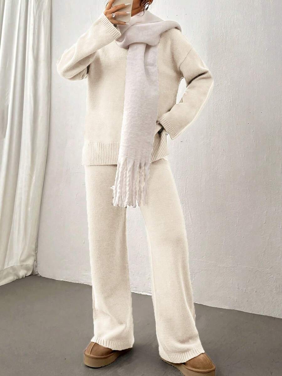 Flirla 2pcs Women Colorblock Rib-Trim Round Neck Long Sleeve Sweater And Pants Set Fall Winter Cloth For Women