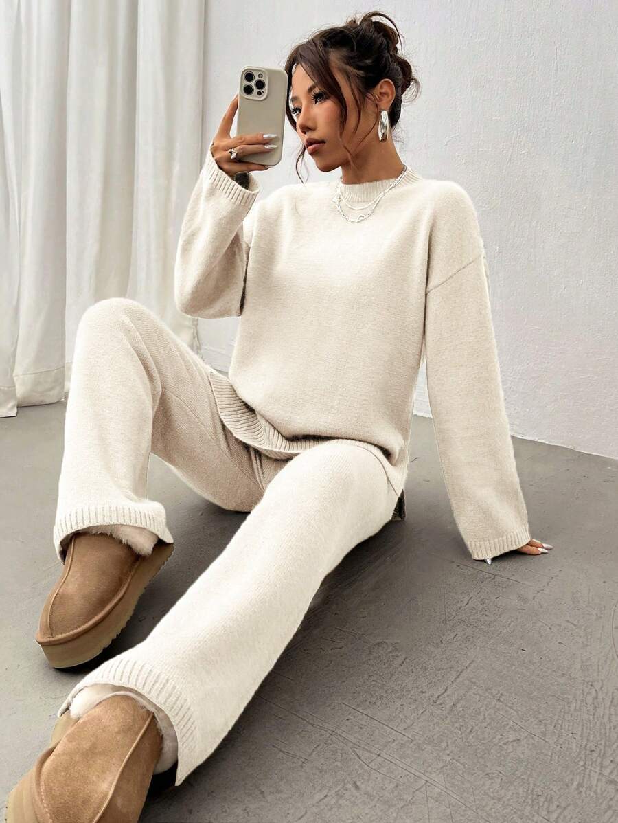 Flirla 2pcs Women Colorblock Rib-Trim Round Neck Long Sleeve Sweater And Pants Set Fall Winter Cloth For Women