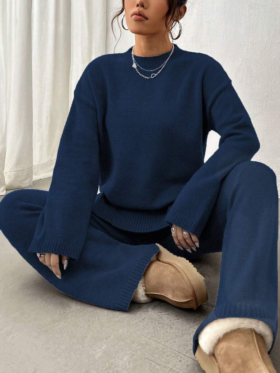 Flirla 2pcs Women Colorblock Rib-Trim Round Neck Long Sleeve Sweater And Pants Set Fall Winter Cloth For Women