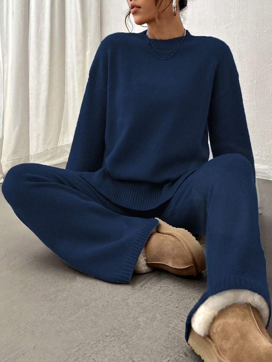 Flirla 2pcs Women Colorblock Rib-Trim Round Neck Long Sleeve Sweater And Pants Set Fall Winter Cloth For Women
