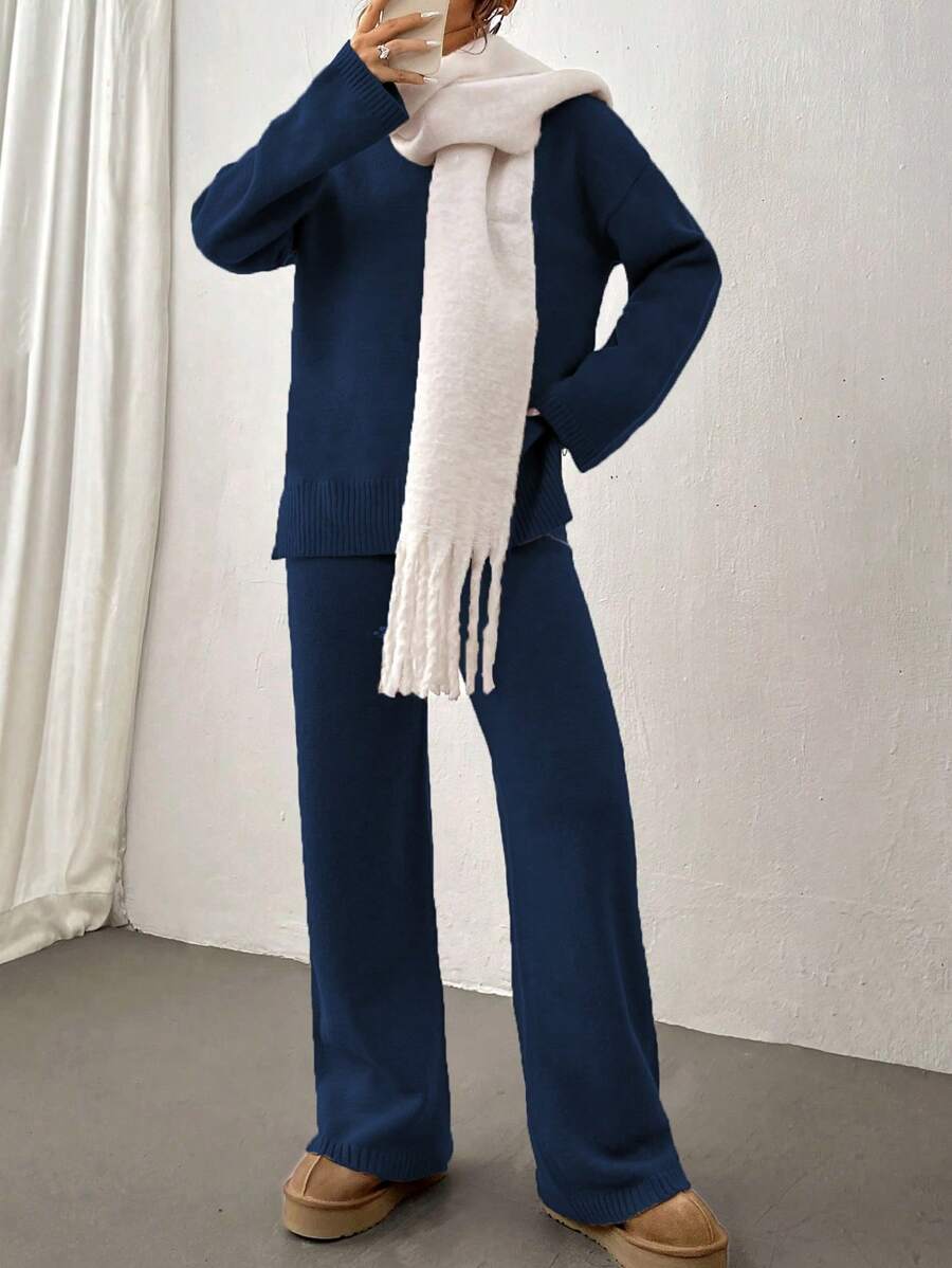 Flirla 2pcs Women Colorblock Rib-Trim Round Neck Long Sleeve Sweater And Pants Set Fall Winter Cloth For Women