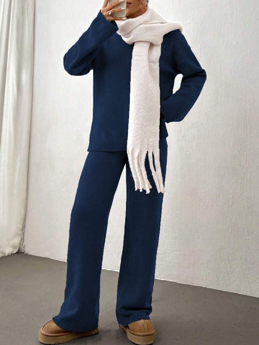 Flirla 2pcs Women Colorblock Rib-Trim Round Neck Long Sleeve Sweater And Pants Set Fall Winter Cloth For Women