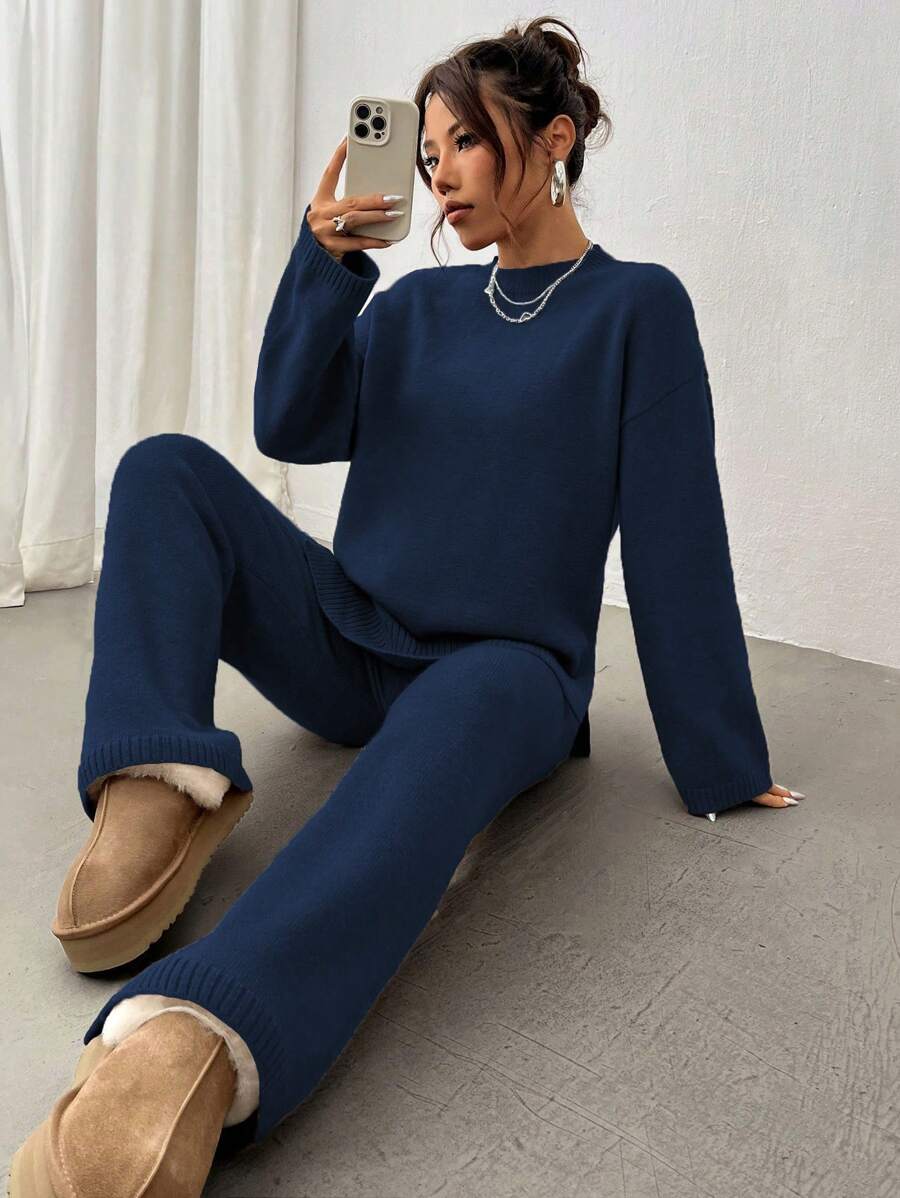 Flirla 2pcs Women Colorblock Rib-Trim Round Neck Long Sleeve Sweater And Pants Set Fall Winter Cloth For Women