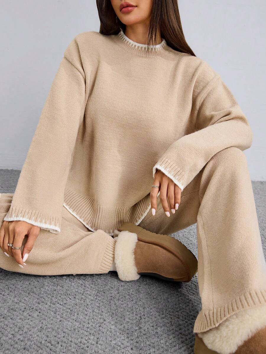 Flirla 2pcs Women Colorblock Rib-Trim Round Neck Long Sleeve Sweater And Pants Set Fall Winter Cloth For Women