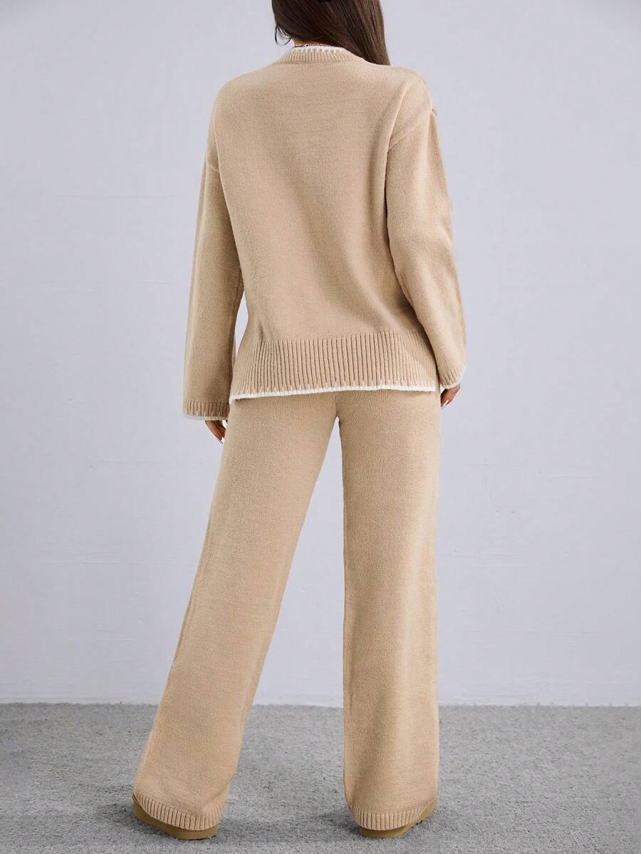 Flirla 2pcs Women Colorblock Rib-Trim Round Neck Long Sleeve Sweater And Pants Set Fall Winter Cloth For Women