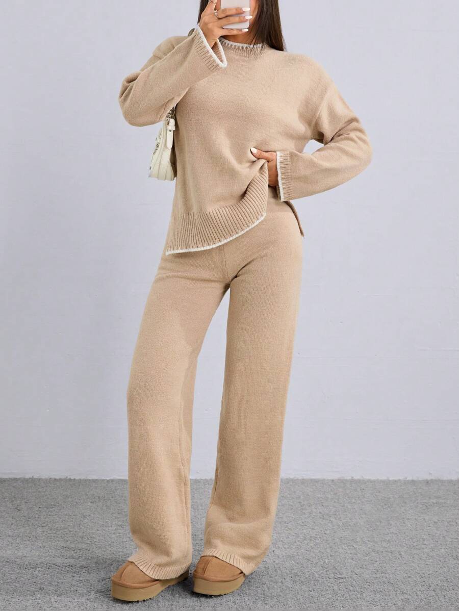 Flirla 2pcs Women Colorblock Rib-Trim Round Neck Long Sleeve Sweater And Pants Set Fall Winter Cloth For Women