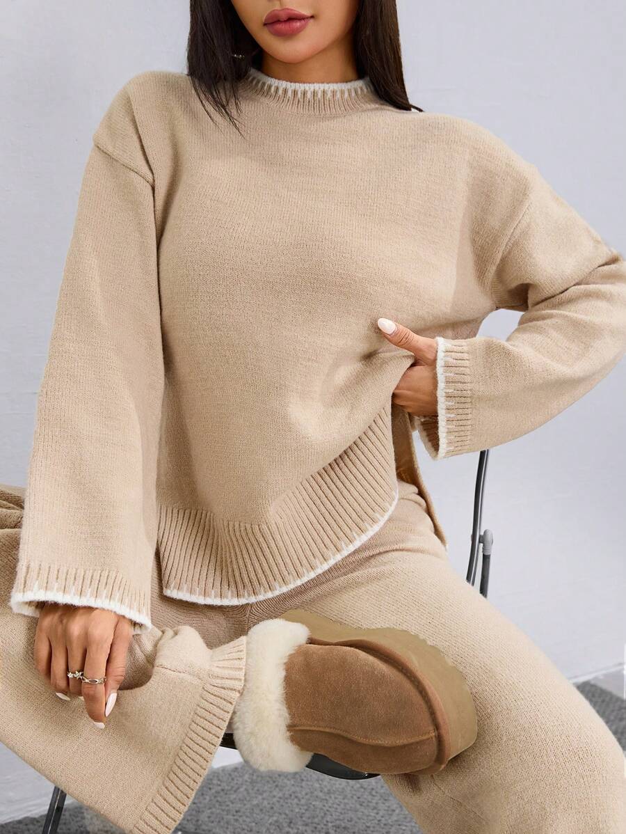 Flirla 2pcs Women Colorblock Rib-Trim Round Neck Long Sleeve Sweater And Pants Set Fall Winter Cloth For Women
