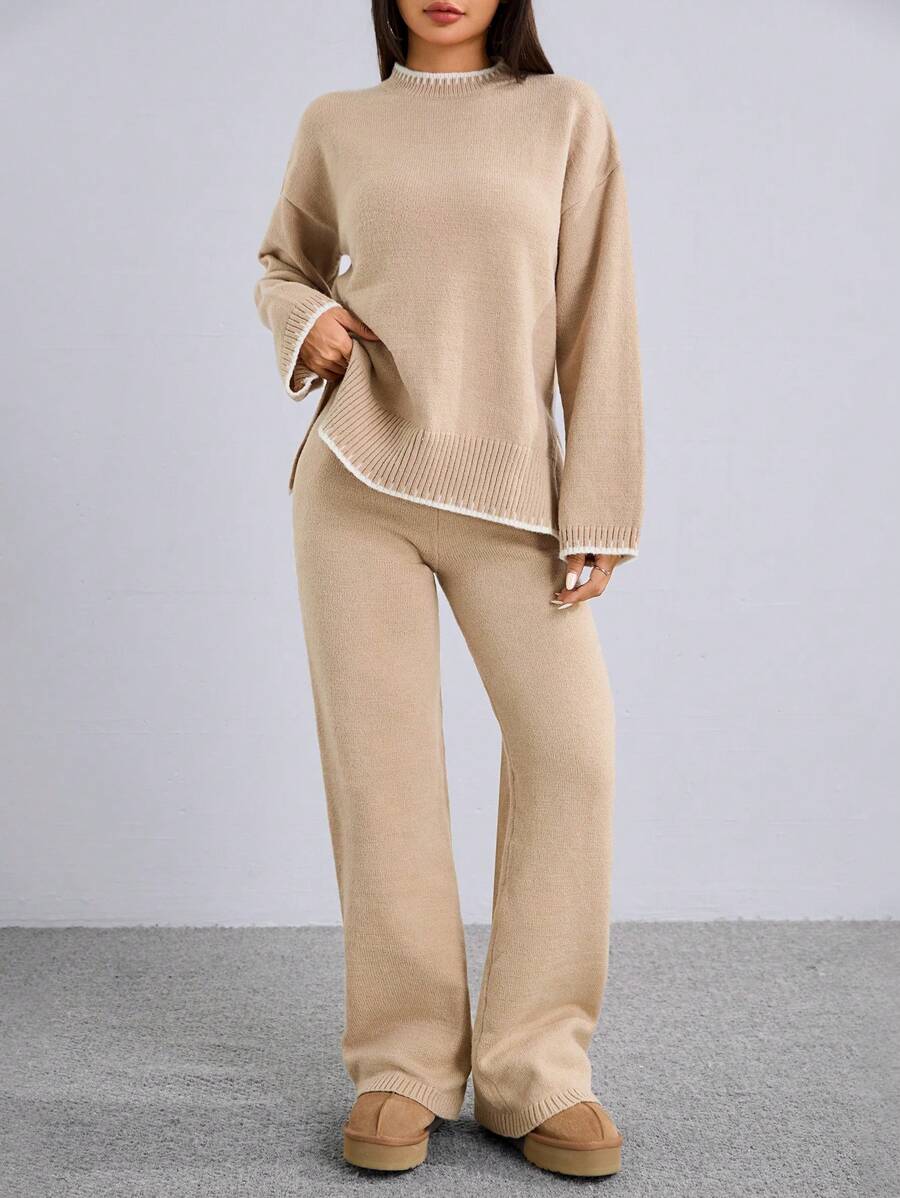 Flirla 2pcs Women Colorblock Rib-Trim Round Neck Long Sleeve Sweater And Pants Set Fall Winter Cloth For Women