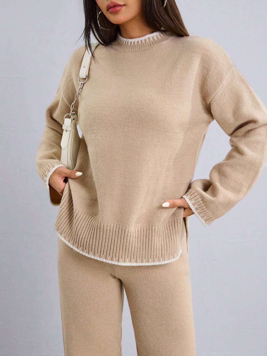 Flirla 2pcs Women Colorblock Rib-Trim Round Neck Long Sleeve Sweater And Pants Set Fall Winter Cloth For Women